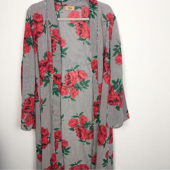 JORJA | Longline Duster Open Front Kimono Stripes & Roses Women’s Size Medium - Picture 1 of 8